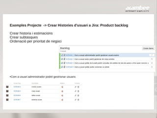 Exemples Projecte -> Crear Histories d'usuari a Jira: Product backlog

Crear historia i estimacions
Crear subtasques
Orden...