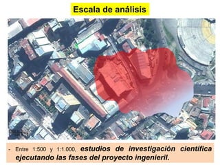 Escala de análisis
- Entre 1:500 y 1:1.000, estudios de investigación científica
ejecutando las fases del proyecto ingenieril.
 