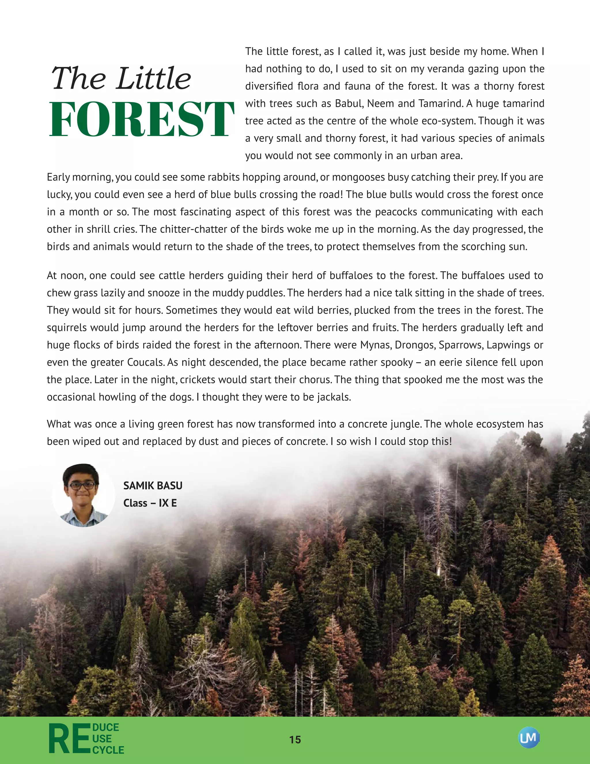 15
RE
DUCE
USE
CYCLE
The Little
FOREST
The little forest, as I called it, was just beside my home. When I
had nothing to do, I used to sit on my veranda gazing upon the
diversiﬁed ﬂora and fauna of the forest. It was a thorny forest
with trees such as Babul, Neem and Tamarind. A huge tamarind
tree acted as the centre of the whole eco-system. Though it was
a very small and thorny forest, it had various species of animals
you would not see commonly in an urban area.
Early morning,you could see some rabbits hopping around,or mongooses busy catching their prey.If you are
lucky, you could even see a herd of blue bulls crossing the road! The blue bulls would cross the forest once
in a month or so. The most fascinating aspect of this forest was the peacocks communicating with each
other in shrill cries. The chitter-chatter of the birds woke me up in the morning. As the day progressed, the
birds and animals would return to the shade of the trees, to protect themselves from the scorching sun.
At noon, one could see cattle herders guiding their herd of buffaloes to the forest. The buffaloes used to
chew grass lazily and snooze in the muddy puddles.The herders had a nice talk sitting in the shade of trees.
They would sit for hours. Sometimes they would eat wild berries, plucked from the trees in the forest. The
squirrels would jump around the herders for the leftover berries and fruits. The herders gradually left and
huge ﬂocks of birds raided the forest in the afternoon. There were Mynas, Drongos, Sparrows, Lapwings or
even the greater Coucals. As night descended, the place became rather spooky – an eerie silence fell upon
the place. Later in the night, crickets would start their chorus. The thing that spooked me the most was the
occasional howling of the dogs. I thought they were to be jackals.
What was once a living green forest has now transformed into a concrete jungle. The whole ecosystem has
been wiped out and replaced by dust and pieces of concrete. I so wish I could stop this!
SAMIK BASU
Class – IX E
 