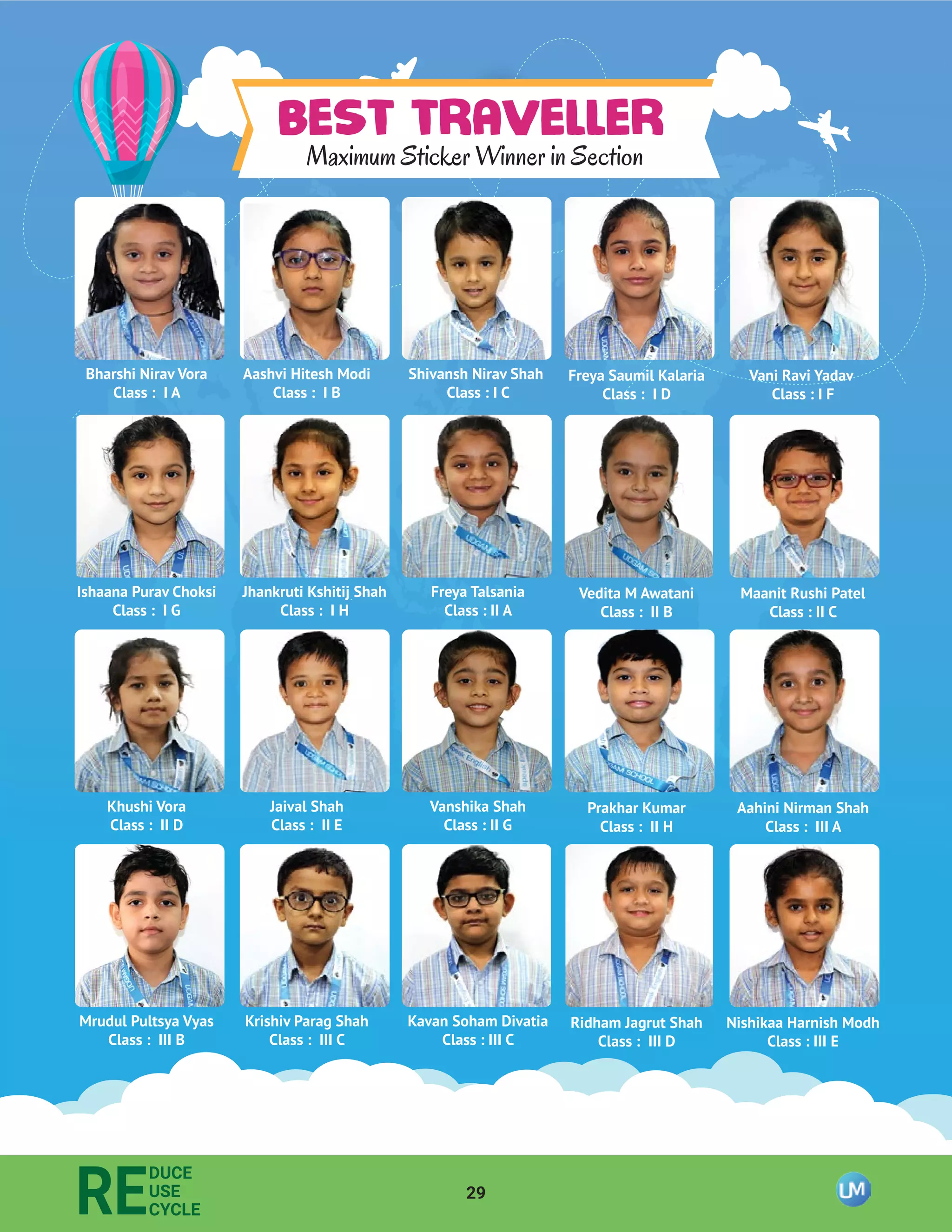 29
RE
DUCE
USE
CYCLE
Bharshi Nirav Vora
Class : I A
Aashvi Hitesh Modi
Class : I B
Shivansh Nirav Shah
Class : I C
Freya Saumil Kalaria
Class : I D
Vani Ravi Yadav
Class : I F
Ishaana Purav Choksi
Class : I G
Jhankruti Kshitij Shah
Class : I H
Freya Talsania
Class : II A
Vedita M Awatani
Class : II B
Maanit Rushi Patel
Class : II C
Khushi Vora
Class : II D
Jaival Shah
Class : II E
Vanshika Shah
Class : II G
Prakhar Kumar
Class : II H
Aahini Nirman Shah
Class : III A
Mrudul Pultsya Vyas
Class : III B
Krishiv Parag Shah
Class : III C
Kavan Soham Divatia
Class : III C
Ridham Jagrut Shah
Class : III D
Nishikaa Harnish Modh
Class : III E
BEST TRAVELLERMaximum Sticker Winner in Section
 
