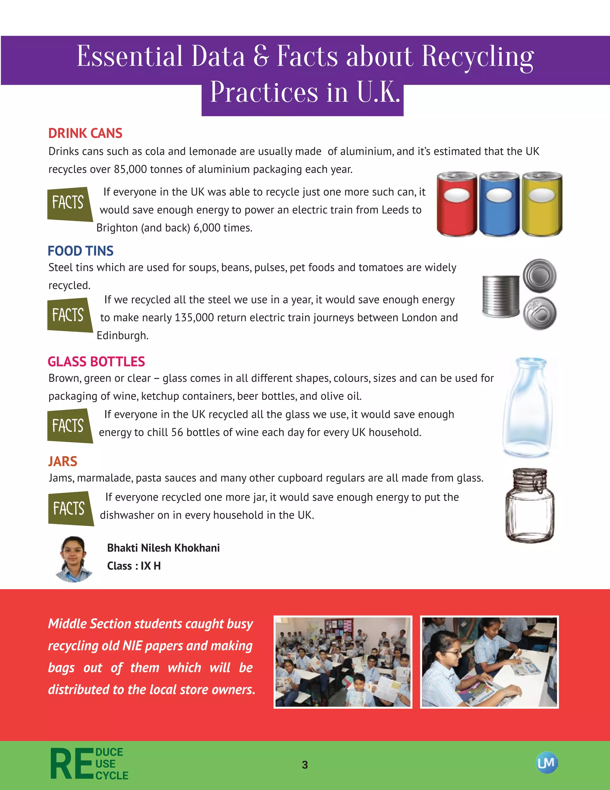 3
RE
DUCE
USE
CYCLE
Essential Data & Facts about Recycling
Practices in U.K.
Drinks cans such as cola and lemonade are usually made of aluminium, and it’s estimated that the UK
recycles over 85,000 tonnes of aluminium packaging each year.
DRINK CANS
If everyone in the UK was able to recycle just one more such can, it
would save enough energy to power an electric train from Leeds to
Brighton (and back) 6,000 times.
FACTS
Steel tins which are used for soups, beans, pulses, pet foods and tomatoes are widely
recycled.
FOOD TINS
If we recycled all the steel we use in a year, it would save enough energy
to make nearly 135,000 return electric train journeys between London and
Edinburgh.
FACTS
Brown, green or clear – glass comes in all different shapes, colours, sizes and can be used for
packaging of wine, ketchup containers, beer bottles, and olive oil.
GLASS BOTTLES
If everyone in the UK recycled all the glass we use, it would save enough
energy to chill 56 bottles of wine each day for every UK household.FACTS
Jams, marmalade, pasta sauces and many other cupboard regulars are all made from glass.
JARS
If everyone recycled one more jar, it would save enough energy to put the
dishwasher on in every household in the UK.FACTS
Bhakti Nilesh Khokhani
Class : IX H
Middle Section students caught busy
recycling old NIE papers and making
bags out of them which will be
distributed to the local store owners.
 