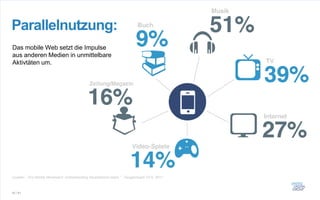Parallelnutzung:
Das mobile Web setzt die Impulse
aus anderen Medien in unmittelbare
Aktivtäten um.




Quellen: „The Mobile Movement: Understanding Smartphone Users.“, Google/Ipsos OTX, 2011



16 / 61
 