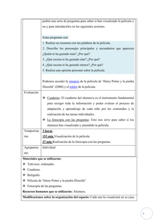 pedirá una serie de preguntas para saber si han visualizado la película o
               no y para introducirlos en las siguientes sesiones.


               Estas preguntas son:
               1. Realiza un resumen con tus palabras de la película.
               2. Describe los personajes principales y secundarios que aparecen
               ¿Quién te ha gustado más? ¿Por qué?
               3. ¿Qué escena te ha gustado más? ¿Por qué?
               4. ¿Qué escena te ha gustado menos? ¿Por qué?
               5. Realiza una opinión personal sobre la película.


               Podemos acceder la sinopsis de la película de ‘Harry Potter y la piedra
               filosofal’ (2000) y el tráiler de la película.
 Evaluación
                Cuaderno: El cuaderno del alumno/a es el instrumento fundamental
                   para recoger toda la información y poder evaluar el proceso de
                   adaptación y aprendizaje de cada niño por los contenidos y la
                   realización de las tareas individuales.
                La fotocopia con las preguntas: Esto nos sirve para saber si los
                   alumnos han visualizado y entendido la película.
 Temporizac 3 horas
 ión           153 min Visualización de la película.
               27 min Realización de la fotocopia con las preguntas.
 Agrupamie     Individual
 nto
Materiales que se utilizarán:
 Televisor, ordenador.
 Cuaderno.
 Bolígrafo.
 Película de ‘Harry Potter y la piedra filosofal’.
 Fotocopia de las preguntas.
Recursos humanos que se utilizarán: Alumnos.
Modificaciones sobre la organización del espacio: Cada uno la visualizará en su casa.




                                                                                           4
 