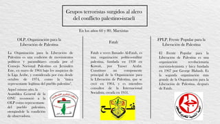 En los años 60 y 80. Marxistas
OLP, Organización para la
Liberación de Palestina
Fatah
FPLP, Frente Popular para la
Liberación de Palestina
Grupos terroristas surgidos al alero
del conflicto palestino-israelí
La Organización para la Liberación de
Palestina es una coalición de movimientos
políticos y paramilitares creada por el
Consejo Nacional Palestino en Jerusalén
Este, en mayo de 1964 bajo los auspicios de
la Liga Árabe, y considerada por ésta desde
octubre de 1974, como la "única
representante legítima del pueblo palestino".
Fatah a veces llamado Al-Fatah, es
una organización político-militar
palestina, fundada en 1958 en
Kuwait, por Yasser Arafat.
Constituye un componente
principal de la Organización para
la Liberación de Palestina, que se
creó en 1964, y es miembro
consultor de la Internacional
Socialista, creada en 1951.
El Frente Popular para la
Liberación de Palestina es una
organización revolucionaria
marxista-leninista y laica fundada
en 1967 por George Habash. Es
la segunda organización más
grande de la Organización para la
Liberación de Palestina, después
de Fatah.Aquel mismo año, la
Asamblea General de la
ONU reconoció a la
OLP como representante
del pueblo palestino,
otorgándole la condición
de observadora.
 