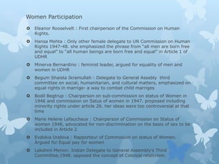 Women Participation
 Eleanor Rooselvelt : First chairperson of the Commission on Human
Rights.
 Hansa Mehta : Only other female delegate to UN Commission on Human
Rights 1947-48. she emphasized the phrase from “all men are born free
and equal” to “all human beings are born free and equal” in Article 1 of
UDHR
 Minerva Bernardino : feminist leader, argued for equality of men and
women in UDHR
 Begum Shaista Ikramullah : Delegate to General Assebly third
committee on social, humanitarian, and cultural matters, emphasized on
equal rights in marrige- a way to combat child marriges
 Bodil Begtrup : Chairperson on sub-commission on status of Women in
1946 and commission on Satus of women in 1947. proposed including
minority rights under article 26. her ideas were too controversial at that
time
 Marie Helene Lefaucheux : Chairperson of Commission on Status of
women 1948, advocated for non-discrimination on the basis of sex to be
included in Article 2
 Evdokia Uralova : Rapporteur of Commission on status of Women.
Argued for Equal pay for women
 Lakshmi Menon: Indian Delegate to General Assembly’s Third
Committee,1948. opposed the concept of Colonial relativism.
 