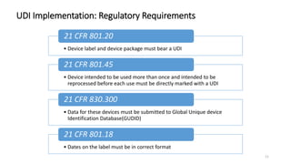 UDI Implementation: Regulatory Requirements
11
• Device label and device package must bear a UDI
21 CFR 801.20
• Device intended to be used more than once and intended to be
reprocessed before each use must be directly marked with a UDI
21 CFR 801.45
• Data for these devices must be submitted to Global Unique device
Identification Database(GUDID)
21 CFR 830.300
• Dates on the label must be in correct format
21 CFR 801.18
 