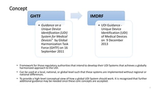 Concept
• Framework for those regulatory authorities that intend to develop their UDI Systems that achieves a globally
harmonized approach to the UDI.
• Can be used at a local, national, or global level such that these systems are implemented without regional or
national differences.
• To provide a high-level conceptual view of how a global UDI System should work. It is recognized that further
additional guidance may be needed once these core concepts are accepted.
7
GHTF
• Guidance on a
Unique Device
Identification (UDI)
System for Medical
Devices" by Global
Harmonization Task
Force (GHTF) on 16
September 2011
IMDRF
• UDI Guidance -
Unique Device
Identification (UDI)
of Medical Devices
on 9 December
2013
 
