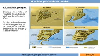 El relieve peninsular e insular.
http://javier2pm-geo.blogspot.com.es tema_02
1.3 Evolución geológica.
El relieve actual de la es el
resultado de una historia
geológica de millones de
años.
En ella, se han alternado
las fases orogénicas y las
de calma, en las que han
predominado la erosión y
la sedimentación.
 
