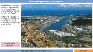 El relieve peninsular e insular.
http://javier2pm-geo.blogspot.com.es tema_02
Las rías son entrantes
costeros que resultan
de la invasión por el
mar del último tramo
de un valle fluvial.
Este hecho puede ser
debido al ascenso del
nivel del mar, o al
descenso del fondo del
valle fluvial.
Ría de Avilés
(Asturias)
 