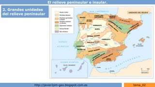 El relieve peninsular e insular.
http://javier2pm-geo.blogspot.com.es tema_02
2. Grandes unidades
del relieve peninsular
 