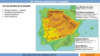 El relieve peninsular e insular.
http://javier2pm-geo.blogspot.com.es tema_02
2.2 Los bordes de la meseta.
●
Macizo Galaico – leonés.
●
Cordillera Cantábrica.
●
Sistema Ibérico.
●
Sierra Morena.
 
