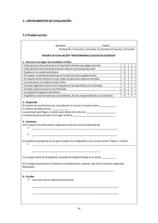 16
7.- INSTRUMENTOS DE EVALUACIÓN:
7.1 Prueba escrita:
Nombre: ________________________ Fecha: _________________
Puntuación: 1/5 puntos; 2/1 punto; 3/ 2 puntos; 4/1 punto y 5/1 punto.
PRUEBA DE EVALUACIÓN “MEDITERRÁNEO COLEGIO DE ACOGIDA”
1.- Haz una cruz según sea verdadero o falso.
Toda persona tiene derecho a la educación siempre que pague por ello. V F
Toda persona tiene derecho a buscar asilo en caso de persecución. V F
España es un estado autoritario. V F
En España, la población participa en la elección de sus gobernantes. V F
En España tienen derecho a voto todas las personas mayores de edad. V F
Las elecciones se celebran cada 5 años. V F
El poder legislativo recae en el Congreso de los diputados y en el Senado. V F
El poder judicial recae en los tribunales. V F
La capital de España es Barcelona. V F
El gobierno está formado por el presidente, el o los vicepresidentes y los ministros. V F
2.- Responde:
El número de nacimientos que se producen en un país se conoce como ____________.
El número de defunciones _____________.
Las personas que llegan a nuestro país desde otro sitio son ______________________.
La salida de personas hacia otro lugar se llama ________________________________.
3.- Contesta:
a) En España los movimientos migratorios internos se han producido de:
 ________________________________________________________________.
 ________________________________________________________________.
b) España ha pasado de ser un país receptor de inmigrantes a ser un país emisor. Explica 1 motivo.
 ______________________________________________________________________________
___________________________________________________.
c) La mayor parte de la población ocupada de España trabaja en el sector __________.
d) La lengua mayoritaria en España es el español pero, además, hay otros 4 idiomas regionales.
Nómbralos.
_____________________________________________________________________.
4.- Escribe:
 Una causa de las migraciones externas.
_________________________________________________________________
_________________________________________________________________
 