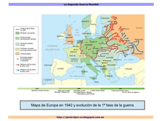 La Segunda Guerra Mundial
http://javier2pm-cs.blogspot.com.es
Mapa de Europa en 1942 y evolución de la 1ª fase de la guerra
 