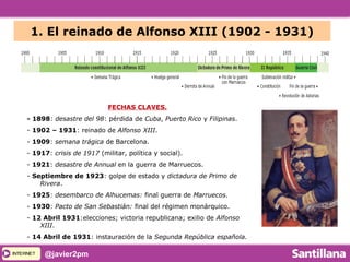 INTERNETINTERNET @javier2pm
FECHAS CLAVES.
- 1898: desastre del 98: pérdida de Cuba, Puerto Rico y Filipinas.
- 1902 – 1931: reinado de Alfonso XIII.
- 1909: semana trágica de Barcelona.
- 1917: crisis de 1917 (militar, política y social).
- 1921: desastre de Annual en la guerra de Marruecos.
- Septiembre de 1923: golpe de estado y dictadura de Primo de
Rivera.
- 1925: desembarco de Alhucemas: final guerra de Marruecos.
- 1930: Pacto de San Sebastián: final del régimen monárquico.
- 12 Abril 1931:elecciones; victoria republicana; exilio de Alfonso
XIII.
- 14 Abril de 1931: instauración de la Segunda República española.
1. El reinado de Alfonso XIII (1902 - 1931)
 
