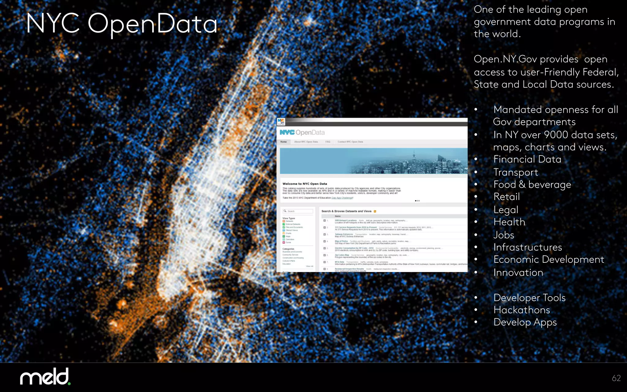 NYC OpenData
One of the leading open
government data programs in
the world.

Open.NY.Gov provides open
access to user-Friendly Federal,
State and Local Data sources.

•  Mandated openness for all
Gov departments
•  In NY over 9000 data sets,
maps, charts and views.
•  Financial Data
•  Transport
•  Food & beverage
•  Retail
•  Legal
•  Health
•  Jobs
•  Infrastructures
•  Economic Development
•  Innovation
•  Developer Tools
•  Hackathons
•  Develop Apps
62
 