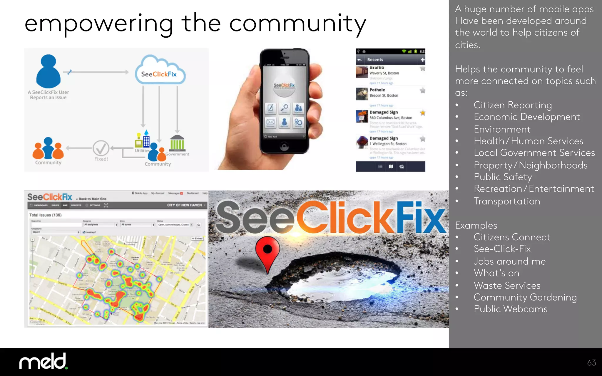A huge number of mobile apps 
Have been developed around
the world to help citizens of
cities.

Helps the community to feel
more connected on topics such
as:
•  Citizen Reporting
•  Economic Development
•  Environment
•  Health/Human Services
•  Local Government Services
•  Property/Neighborhoods
•  Public Safety
•  Recreation/Entertainment
•  Transportation

Examples
•  Citizens Connect
•  See-Click-Fix
•  Jobs around me
•  What’s on
•  Waste Services
•  Community Gardening
•  Public Webcams


empowering the community
63
 