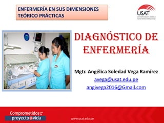 www.usat.edu.pe
www.usat.edu.pe
Mgtr. Angélica Soledad Vega Ramírez
avega@usat.edu.pe
angivega2016@Gmail.com
DIAGNÓSTICO de
enfermerÍa
ENFERMERÍA EN SUS DIMENSIONES
TEÓRICO PRÁCTICAS
 