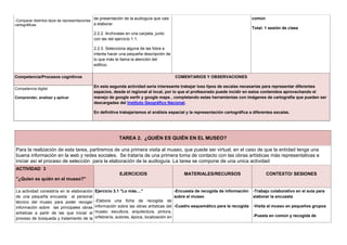 TAREA 2. ¿QUIÉN ES QUIÉN EN EL MUSEO?
Para la realización de esta tarea, partiremos de una primera visita al museo, que puede ser virtual, en el caso de que la entidad tenga una
buena información en la web y redes sociales. Se trataría de una primera toma de contacto con las obras artísticas más representativas e
iniciar así el proceso de selección para la elaboración de la audioguía. La tarea se compone de una unica actividad
ACTIVIDAD 3
"¿Quien es quién en el museo?"
EJERCICIOS MATERIALES/RECURSOS CONTEXTO/ SESIONES
La actividad consistiría en la elaboración
de una pequeña encuesta al personal
técnico del museo para poder recoger
información sobre las principales obras
artísticas a partir de las que iniciar el
proceso de búsqueda y tratamiento de la
Ejercicio 3.1 "Lo más...."
-Elabora una ficha de recogida de
información sobre las obras artísticas del
museo: escultura, arquitectura, pintura,
orfebrería, autores, época, localización en
-Encuesta de recogida de información
sobre el museo
-Cuadro esquemático para la recogida
-Trabajo colaborativo en el aula para
elaborar la encuesta
-Visita al museo en pequeños grupos
-Puesta en común y recogida de
-Comparar distintos tipos de representaciones
cartográficas
de presentación de la audioguía que vais
a elaborar.
2.2.2. Archivalas en una carpeta, junto
con las del ejercicio 1.1.
2.2.3. Selecciona alguna de las fotos e
intenta hacer una pequeña descripción de
lo que más te llama la atención del
edificio
común
Total: 1 sesión de clase
Competencia/Procesos cognitivos COMENTARIOS Y OBSERVACIONES
En esta segunda actividad sería interesante trabajar loss tipos de escalas necesarias para representar diferentes
espacios, desde el regional al local, por lo que el profesorado puede incidir en estos contenidos aprovechando el
manejo de google earth y google maps , completando estas herramientas con imágenes de cartografía que pueden ser
descargadas del Instituto Geográfico Nacional.
En definitiva trabajaríamos el análisis espacial y la representación cartográfica a diferentes escalas.
Competencia digital
Comprender, analizar y aplicar
 