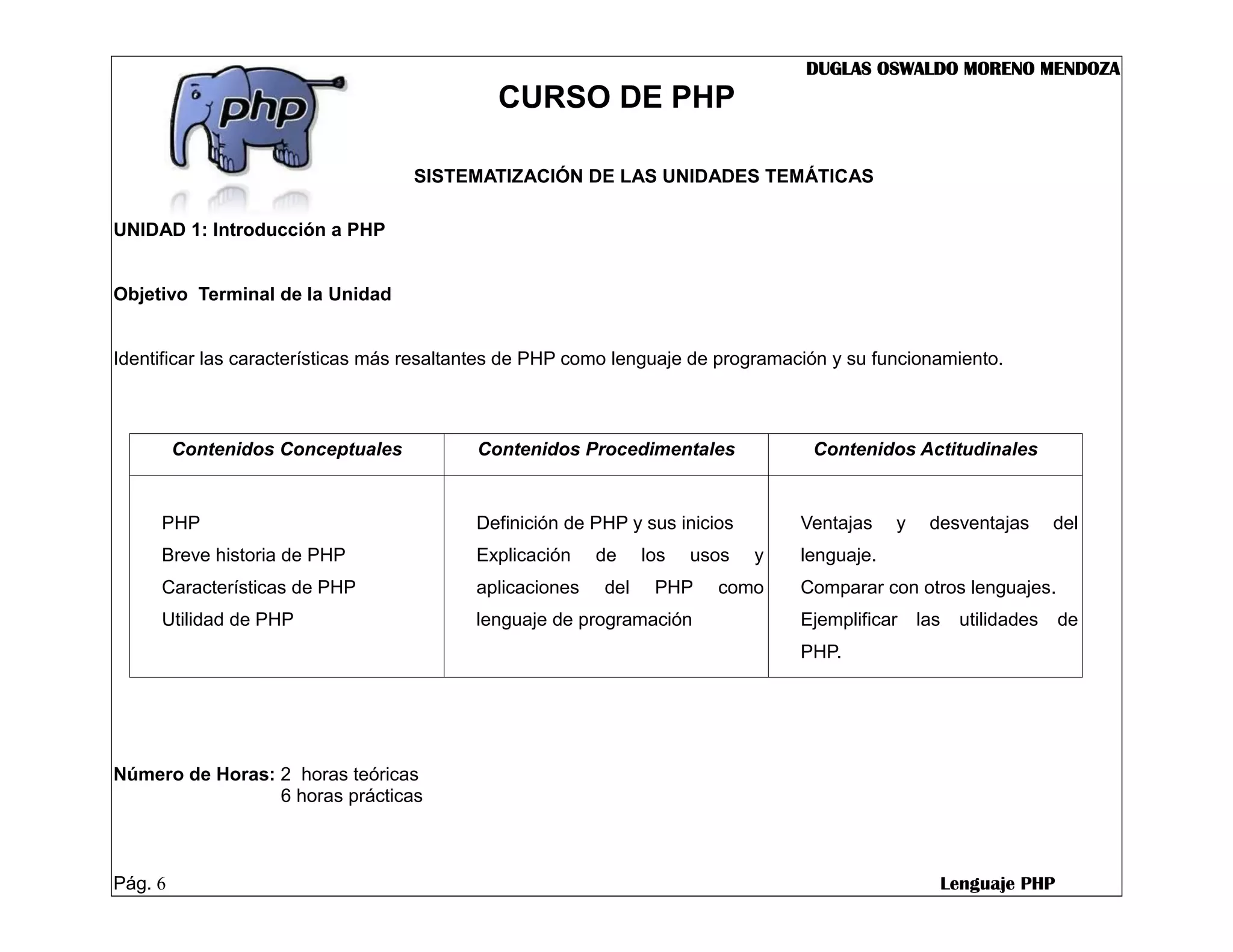 DUGLAS OSWALDO MORENO MENDOZA
                                             CURSO DE PHP

                                   SISTEMATIZACIÓN DE LAS UNIDADES TEMÁTICAS

UNIDAD 1: Introducción a PHP


Objetivo Terminal de la Unidad


Identificar las características más resaltantes de PHP como lenguaje de programación y su funcionamiento.



         Contenidos Conceptuales          Contenidos Procedimentales              Contenidos Actitudinales


     PHP                                  Definición de PHP y sus inicios        Ventajas    y    desventajas       del
     Breve historia de PHP                Explicación    de    los   usos   y    lenguaje.
     Características de PHP               aplicaciones   del    PHP    como      Comparar con otros lenguajes.
     Utilidad de PHP                      lenguaje de programación               Ejemplificar    las   utilidades   de
                                                                                 PHP.




Número de Horas: 2 horas teóricas
                 6 horas prácticas



Pág. 6                                                                                             Lenguaje PHP
 