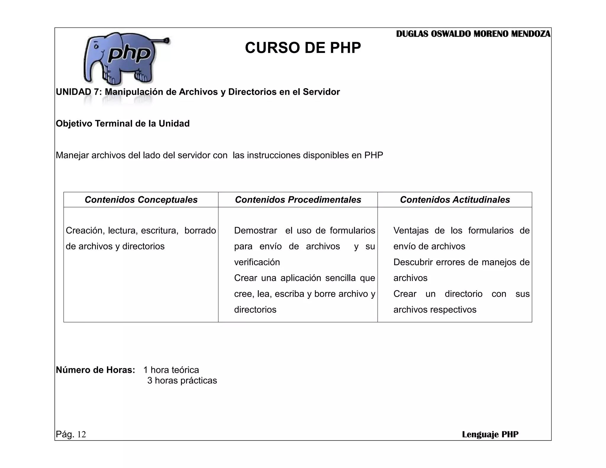 DUGLAS OSWALDO MORENO MENDOZA
                                             CURSO DE PHP

UNIDAD 7: Manipulación de Archivos y Directorios en el Servidor


Objetivo Terminal de la Unidad


Manejar archivos del lado del servidor con las instrucciones disponibles en PHP



      Contenidos Conceptuales              Contenidos Procedimentales              Contenidos Actitudinales


  Creación, lectura, escritura, borrado    Demostrar el uso de formularios        Ventajas de los formularios de
  de archivos y directorios                para envío de archivos        y su     envío de archivos
                                           verificación                           Descubrir errores de manejos de
                                           Crear una aplicación sencilla que      archivos
                                           cree, lea, escriba y borre archivo y   Crear un directorio con sus
                                           directorios                            archivos respectivos




Número de Horas: 1 hora teórica
                  3 horas prácticas




Pág. 12                                                                                           Lenguaje PHP
 