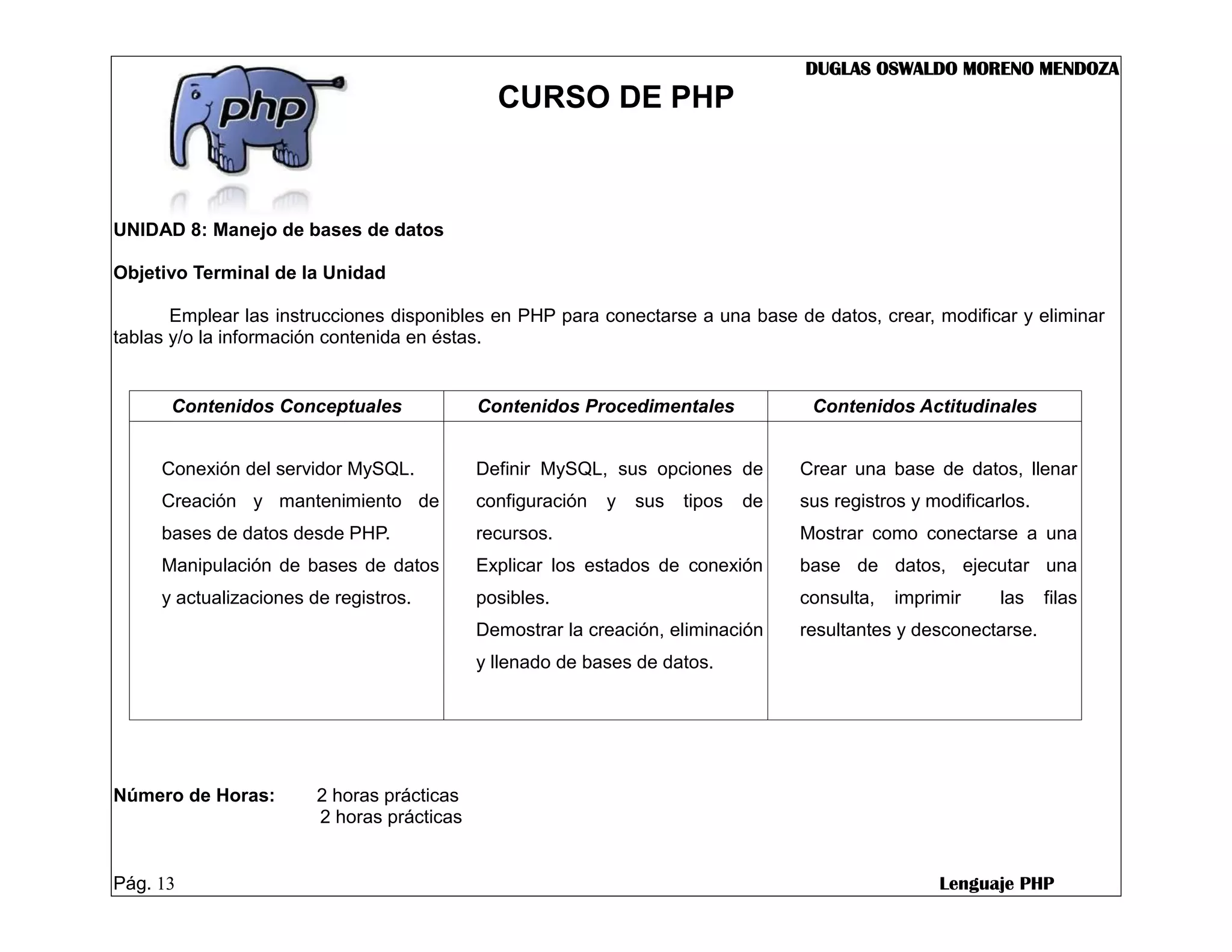 DUGLAS OSWALDO MORENO MENDOZA
                                              CURSO DE PHP



UNIDAD 8: Manejo de bases de datos

Objetivo Terminal de la Unidad

       Emplear las instrucciones disponibles en PHP para conectarse a una base de datos, crear, modificar y eliminar
tablas y/o la información contenida en éstas.


      Contenidos Conceptuales               Contenidos Procedimentales              Contenidos Actitudinales


     Conexión del servidor MySQL.           Definir MySQL, sus opciones de         Crear una base de datos, llenar
     Creación y mantenimiento de            configuración   y   sus   tipos   de   sus registros y modificarlos.
     bases de datos desde PHP.              recursos.                              Mostrar como conectarse a una
     Manipulación de bases de datos         Explicar los estados de conexión       base de datos, ejecutar una
     y actualizaciones de registros.        posibles.                              consulta,   imprimir     las    filas
                                            Demostrar la creación, eliminación     resultantes y desconectarse.
                                            y llenado de bases de datos.




Número de Horas:        2 horas prácticas
                        2 horas prácticas


Pág. 13                                                                                             Lenguaje PHP
 
