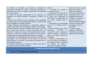 la resolución de problemas que requieran la realización de
operaciones elementales de cálculo, conocimientos geométricos y
estimaciones, así como ser capaces de aplicarlos a las situaciones
de su vida cotidiana.
h) Conocer los aspectos fundamentales de las Ciencias de la
Naturaleza, las Ciencias Sociales, la Geografía, la Historia y la
Cultura.
i) Iniciarse en la utilización, para el aprendizaje, de las Tecnologías
de la Información y la Comunicación desarrollando un espíritu crítico
ante los mensajes que reciben y elaboran.
j) Utilizar diferentes representaciones y expresiones artísticas e
iniciarse en la construcción de propuestas visuales y audiovisuales.
k) Valorar la higiene y la salud, aceptar el propio cuerpo y el de los
otros, respetar las diferencias y utilizar la educación física y el
deporte como medios para favorecer el desarrollo personal y social.
l) Conocer y valorar los animales más próximos al ser humano y
adoptar modos de comportamiento que favorezcan su cuidado.
m) Desarrollar sus capacidades afectivas en todos los ámbitos de la
personalidad y en sus relaciones con los demás, así como una
actitud contraria a la violencia, a los prejuicios de cualquier tipo y a
los estereotipos sexistas.
n) Fomentar la educación vial y actitudes de respeto que incidan en
la prevención de los accidentes de tráfico.
próximo.
• Curiosidad por ampliar el
conocimiento propio.
• Comprensión de informaciones,
adquisición de vocabulario, uso de
la lengua como instrumento de
comunicación y mantenimiento de
una actitud favorable hacia la
lectura.
• Conocimiento y uso responsable
de las TIC al investigar sobre la
materia.
• Uso de estrategias para tratar la
información, convertirla en
conocimiento propio y aplicarla a
distintos contexto, y participación
activa en el propio proceso de
aprendizaje.
• Iniciativa y perseverancia a la
hora de afrontar los problemas y
de defender opiniones, y desarrollo
de actitudes de respeto y
colaboración al trabajar en grupo.
forma oral y escrita, y mostrar
interés por la lectura de
textos sobre animales.
6. Conocer y usar de forma
responsable las TIC, usar
estrategias para tratar la
información, convertirla en
conocimiento propio y
aplicarla a distintos contextos,
y participar de forma activa
en el propio proceso de
aprendizaje.
7. Conocer y aplicar
elementos y estrategias
matemáticos para resolver
problemas sobre animales.
3- TRANSPOSICIÓN CURRICULAR
TAREA 1: CUIDAMOS LOS ANIMALES
 