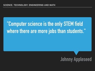 "Computer science is the only STEM field
where there are more jobs than students."
Johnny Appleseed
SCIENCE, TECHNOLOGY, ENGINEERING AND MATH
 