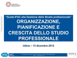 “Guida IFAC alla Gestione dello Studio professionale”

    ORGANIZZAZIONE,
     PIANIFICAZIONE E
  CRESCITA DELLO STUDIO
     PROFESSIONALE
               Udine – 13 dicembre 2012


             Presentazione Guida IFAC ”GESTIONE DEI PICCOLI E MEDI STUDI PROFESSIONALI”   1
                                       Udine – 13 dicembre 2012
 