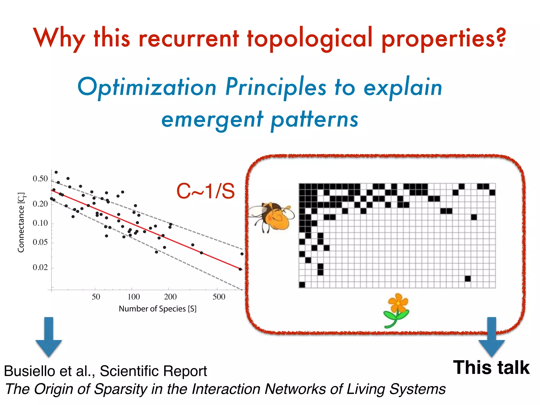 Why this recurrent topological properties?
Optimization Principles to explain
emergent patterns
UPPLEMENTARY INFORMATION
50 100 200 500
0.02
0.05
0.10
0.20
0.50
Number of Species [S]
Connectance[CΓ
]
e S1: Best ﬁt (red solid line) of the connectivity as a function of the number of
es for 56 mutualistic communities. Dashed gray lines represent the region within
±1 standard deviation conﬁdence interval for the exponent estimate. The plot is in
g scale.
C~1/S
Busiello et al., Scientiﬁc Report
The Origin of Sparsity in the Interaction Networks of Living Systems
This talk
 