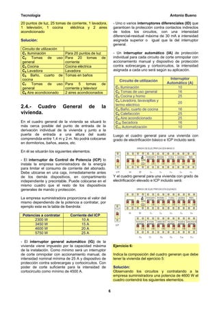 Tecnología                                                                                   Antonio Bueno

20 puntos de luz, 25 tomas de corriente, 1 lavadora,       - Uno o varios interruptores diferenciales (ID) que
1 televisión, 1 cocina       eléctrica y 2 aires           garanticen la protección contra contactos indirectos
acondicionado                                              de todos los circuitos, con una intensidad
                                                           diferencial-residual máxima de 30 mA e intensidad
Solución:                                                  asignada superior o igual que la del interruptor
                                                           general.
Circuito de utilización
C1 Iluminación             Para 20 puntos de luz           - Un interruptor automático (IA) de protección
C2 Tomas de uso            Para 20 tomas de                individual para cada circuito de corte omnipolar con
general                    corriente                       accionamiento manual y dispositivo de protección
C3 Cocina                  Cocina eléctrica                contra sobrecargas y cortocircuitos, la intensidad
C4 Lavadora                Lavadora                        asignada a cada uno será según su aplicación.
C5 Baño, cuarto de         Tomas en baños
cocina                                                                                      Interruptor
                                                              Circuito de utilización
C7 Tomas de uso            Para 5 tomas de                                                 Automático (A)
general                    corriente y televisor            C1 Iluminación                       10
C9 Aire acondicionado      2 aires acondicionados           C2 Tomas de uso general              16
                                                            C3 Cocina y horno                    25
                                                            C4 Lavadora, lavavajillas y
                                                                                                  20
                                                            termo eléctrico
2.4.- Cuadro              General        de       la        C5 Baño, cuarto de cocina             16
vivienda.                                                   C8 Calefacción                        25
                                                            C9 Aire acondicionado                 25
En el cuadro general de la vivienda se situará lo           C10 Secadora                          16
más cerca posible del punto de entrada de la                C11 Automatización                    10
derivación individual de la vivienda y junto a la
puerta de entrada a una altura del suelo                   Luego el cuadro general para una vivienda con
comprendida entre 1,4 m y 2 m. No podrá colocarse          grado de electrificación básico e ICP incluido será:
en dormitorios, baños, aseos, etc.

En él se situarán los siguientes elementos:

- El interruptor de Control de Potencia (ICP) lo
instala la empresa suministradora de la energía
para limitar el consumo de corriente del abonado.
Debe ubicarse en una caja, inmediatamente antes
de los demás dispositivos, en compartimento                Y el cuadro general para una vivienda con grado de
independiente y precintable. Puede colocarse en el         electrificación elevado e ICP incluido será:
mismo cuadro que el resto de los dispositivos
generales de mando y protección.

La empresa suministradora proporciona el valor del
mismo dependiendo de la potencia a contratar, por
ejemplo esta es la tabla de Iberdrola:

 Potencias a contratar        Corriente del ICP
       2300 W                       10 A
       3450 W                       15 A
       4600 W                       20 A
       5750 W                       25 A

- El interruptor general automático (IG) de la
vivienda viene impuesto por la capacidad máxima            Ejercicio 6:
de la instalación. Como mínimo será un interruptor
de corte omnipolar con accionamiento manual, de            Indica la composición del cuadro generan que debe
intensidad nominal mínima de 25 A y dispositivo de         tener la vivienda del ejercicio 5:
protección contra sobrecargas y cortocircuitos. Con
poder de corte suficiente para la intensidad de            Solución:
cortocircuito como mínimo de 4500 A.                       Observando los circuitos y contratando a la
                                                           empresa suministradora una potencia de 4600 W el
                                                           cuadro contendrá los siguientes elementos.


                                                       6
 