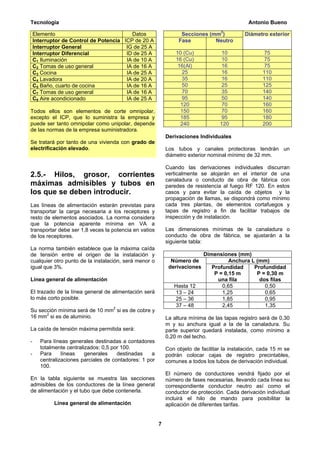 Tecnología                                                                                    Antonio Bueno

    Elemento                              Datos                   Secciones (mm2)            Diámetro exterior
    Interruptor de Control de Potencia ICP de 20 A               Fase         Neutro
    Interruptor General                 IG de 25 A
    Interruptor Diferencial             ID de 25 A              10 (Cu)            10                75
    C1 Iluminación                      IA de 10 A              16 (Cu)            10                75
    C2 Tomas de uso general             IA de 16 A               16(Al)            16                75
    C3 Cocina                           IA de 25 A                25               16               110
    C4 Lavadora                         IA de 20 A                35               16               110
    C5 Baño, cuarto de cocina           IA de 16 A                50               25               125
    C7 Tomas de uso general             IA de 16 A                70               35               140
    C9 Aire acondicionado               IA de 25 A                95               50               140
                                                                  120              70               160
Todos ellos son elementos de corte omnipolar,                     150              70               160
excepto el ICP, que lo suministra la empresa y                    185              95               180
puede ser tanto omnipolar como unipolar, depende                  240             120               200
de las normas de la empresa suministradora.
                                                            Derivaciones Individuales
Se tratará por tanto de una vivienda con grado de
electrificación elevado.                                    Los tubos y canales protectoras tendrán un
                                                            diámetro exterior nominal mínimo de 32 mm.

                                                            Cuando las derivaciones individuales discurran
2.5.- Hilos, grosor, corrientes                             verticalmente se alojarán en el interior de una
                                                            canaladura o conducto de obra de fábrica con
máximas admisibles y tubos en                               paredes de resistencia al fuego RF 120. En estos
los que se deben introducir.                                casos y para evitar la caída de objetos y la
                                                            propagación de llamas, se dispondrá como mínimo
Las líneas de alimentación estarán previstas para           cada tres plantas, de elementos cortafuegos y
transportar la carga necesaria a los receptores y           tapas de registro a fin de facilitar trabajos de
resto de elementos asociados. La norma considera            inspección y de instalación.
que la potencia aparente mínima en VA a
transportar debe ser 1,8 veces la potencia en vatios        Las dimensiones mínimas de la canaladura o
de los receptores.                                          conducto de obra de fábrica, se ajustarán a la
                                                            siguiente tabla:
La norma también establece que la máxima caída
de tensión entre el origen de la instalación y                              Dimensiones (mm)
cualquier otro punto de la instalación, será menor o          Número de               Anchura L (mm)
igual que 3%.                                                derivaciones      Profundidad     Profundidad
                                                                                P = 0,15 m      P = 0,30 m
Línea general de alimentación                                                    una fila        dos filas
                                                               Hasta 12            0,65            0,50
El trazado de la línea general de alimentación será            13 – 24             1,25            0,65
lo más corto posible.                                          25 – 36             1,85            0,95
                                                               37 – 48             2,45            1,35
Su sección mínima será de 10 mm2 si es de cobre y
16 mm2 si es de aluminio.                                   La altura mínima de las tapas registro será de 0,30
                                                            m y su anchura igual a la de la canaladura. Su
La caída de tensión máxima permitida será:                  parte superior quedará instalada, como mínimo a
                                                            0,20 m del techo.
-     Para líneas generales destinadas a contadores
      totalmente centralizados: 0,5 por 100.                Con objeto de facilitar la instalación, cada 15 m se
-     Para     líneas    generales    destinadas    a       podrán colocar cajas de registro precintables,
      centralizaciones parciales de contadores: 1 por       comunes a todos los tubos de derivación individual.
      100.
                                                            El número de conductores vendrá fijado por el
En la tabla siguiente se muestra las secciones              número de fases necesarias, llevando cada línea su
admisibles de los conductores de la línea general           correspondiente conductor neutro así como el
de alimentación y el tubo que debe contenerla.              conductor de protección. Cada derivación individual
                                                            incluirá el hilo de mando para posibilitar la
            Línea general de alimentación                   aplicación de diferentes tarifas.


                                                        7
 