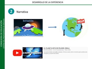 CONSEJERÍADEEDUCACIÓN
CENTRODELPROFESORADODEMÁLAGA
DESARROLLO DE LA EXPERIENCIA
2 Narrativa
Invasión
a la Tierra
 