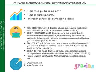 CONSEJERÍADEEDUCACIÓN
CENTRODELPROFESORADODEMÁLAGA RESULTADOS, PROPUESTAS DE MEJORA, AUTOEVALUACIÓN Y BIBLIOGRAFÍA
¿Qué es lo que ha salido bien?•
¿Qué se puede mejorar?•
Impresión general del alumnado y docente.•
REAL DECRETO 126/2014, de 28 de febrero, por el que se establece el§
currículo básico de la Educación Primaria (BOE 01-03-2014).
ORDEN ECD/65/2015, de 21 de enero, por la que se describen las§
relaciones entre las competencias, los contenidos y los criterios de
evaluación de la educación primaria, la educación secundaria obligatoria
y el bachillerato (BOE 29-01-2015).
DECRETO 97/2015, de 3 de marzo, por el que se establece la ordenación§
y el currículo de la Educación Primaria en la Comunidad Autónoma de
Andalucía (BOJA 13-03-2015).
ORDEN de 17 de marzo de 2015, por la que se desarrolla el§ currículo
correspondiente a la Educación Primaria en Andalucía (BOJA 27-03-2015).
§ Teixes, F. (2015) Gamiﬁcación. Mo-var jugando. Barcelona. Editorial
UOC.
Ø www.freepik.com
Ø www.flaticon.com
 