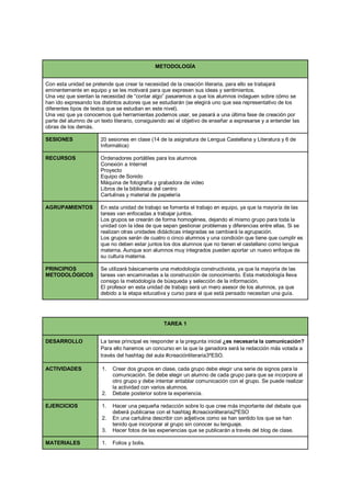 METODOLOGÍA
Con esta unidad se pretende que crear la necesidad de la creación literaria, para ello se trabajará
eminentemente en equipo y se les motivará para que expresen sus ideas y sentimientos.
Una vez que sientan la necesidad de “contar algo” pasaremos a que los alumnos indaguen sobre cómo se
han ido expresando los distintos autores que se estudiarán (se elegirá uno que sea representativo de los
diferentes tipos de textos que se estudian en este nivel).
Una vez que ya conocemos qué herramientas podemos usar, se pasará a una última fase de creación por
parte del alumno de un texto literario, consiguiendo así el objetivo de enseñar a expresarse y a entender las
obras de los demás.
SESIONES 20 sesiones en clase (14 de la asignatura de Lengua Castellana y Literatura y 6 de
Informática)
RECURSOS Ordenadores portátiles para los alumnos
Conexión a Internet
Proyecto
Equipo de Sonido
Máquina de fotografía y grabadora de video
Libros de la biblioteca del centro
Cartulinas y material de papelería
AGRUPAMIENTOS En esta unidad de trabajo se fomenta el trabajo en equipo, ya que la mayoría de las
tareas van enfocadas a trabajar juntos.
Los grupos se crearán de forma homogénea, dejando el mismo grupo para toda la
unidad con la idea de que sepan gestionar problemas y diferencias entre ellas. Si se
realizan otras unidades didácticas integradas se cambiará la agrupación.
Los grupos serán de cuatro o cinco alumnos y una condición que tiene que cumplir es
que no deben estar juntos los dos alumnos que no tienen el castellano como lengua
materna. Aunque son alumnos muy integrados pueden aportar un nuevo enfoque de
su cultura materna.
PRINCIPIOS
METODOLÓGICOS
Se utilizará básicamente una metodología constructivista, ya que la mayoría de las
tareas van encaminadas a la construcción de conocimiento. Esta metodología lleva
consigo la metodología de búsqueda y selección de la información.
El profesor en esta unidad de trabajo será un mero asesor de los alumnos, ya que
debido a la etapa educativa y curso para el que está pensado necesitan una guía.
TAREA 1
DESARROLLO La tarea principal es responder a la pregunta inicial ¿es necesaria la comunicación?
Para ello haremos un concurso en la que la ganadora será la redacción más votada a
través del hashtag del aula #creaciónliteraria3ºESO.
ACTIVIDADES 1. Crear dos grupos en clase, cada grupo debe elegir una serie de signos para la
comunicación. Se debe elegir un alumno de cada grupo para que se incorpore al
otro grupo y debe intentar entablar comunicación con el grupo. Se puede realizar
la actividad con varios alumnos.
2. Debate posterior sobre la experiencia.
EJERCICIOS 1. Hacer una pequeña redacción sobre lo que cree más importante del debate que
deberá publicarse con el hashtag #creacionliteraria2ºESO
2. En una cartulina describir con adjetivos como se han sentido los que se han
tenido que incorporar al grupo sin conocer su lenguaje.
3. Hacer fotos de las experiencias que se publicarán a través del blog de clase.
MATERIALES 1. Folios y bolis.
 