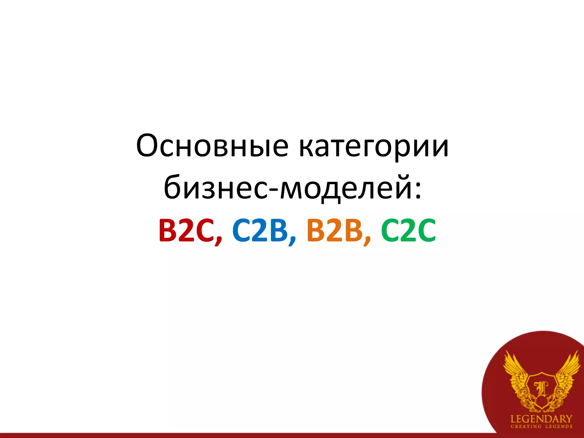 Основные	
  категории	
  
 бизнес-­‐моделей:	
       	
  
 B2С,	
  C2B,	
  B2B,	
  C2C  	
  
 