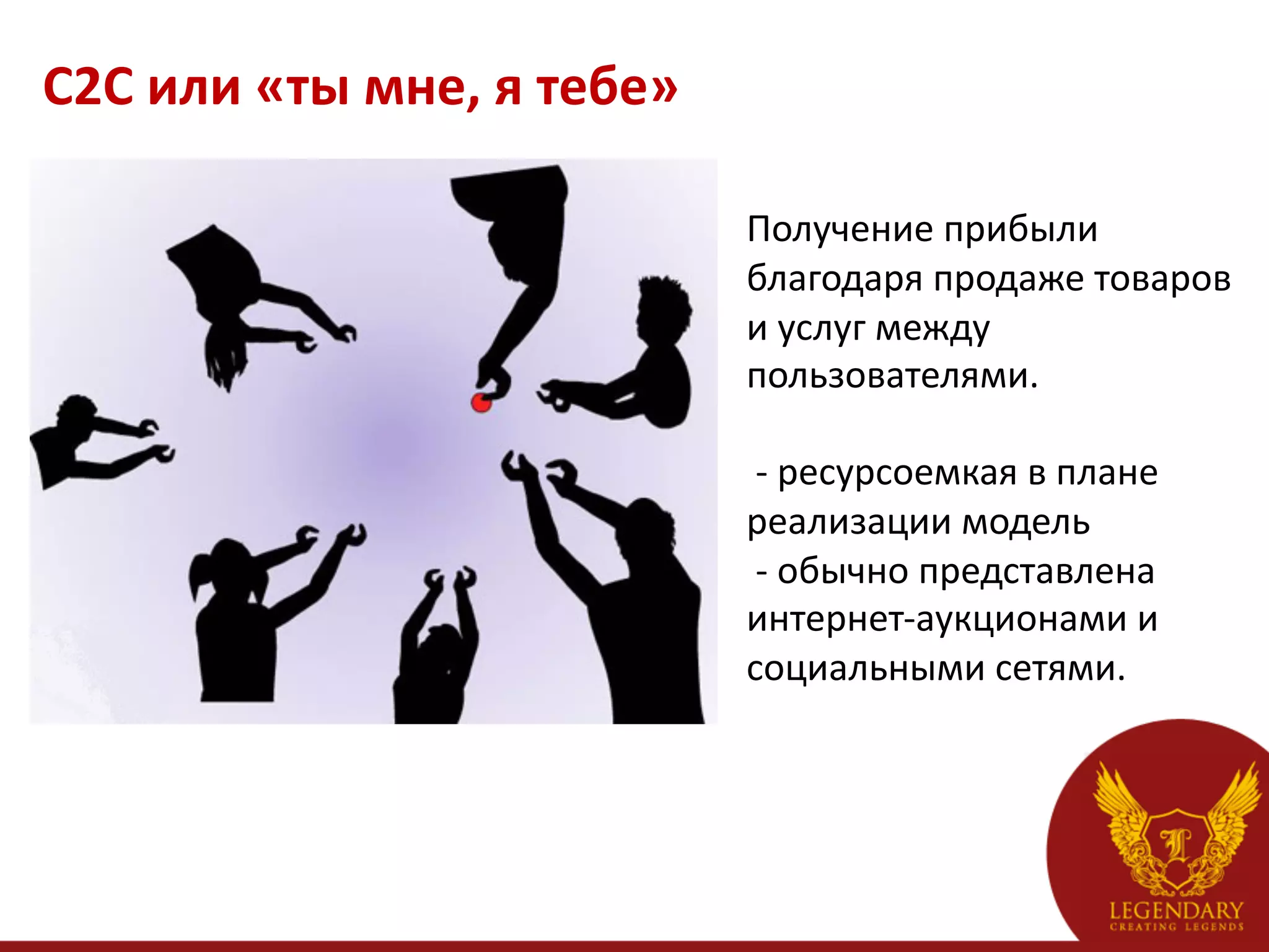 С2С	
  или	
  «ты	
  мне,	
  я	
  тебе»	
     	
  
                                              	
  
	
                                            	
  
                                              Получение	
  прибыли	
  
                                              благодаря	
  продаже	
  товаров	
  
                                              и	
  услуг	
  между	
  
                                              пользователями.	
  	
  
                                              	
  
                                              	
  -­‐	
  ресурсоемкая	
  в	
  плане	
  
                                              реализации	
  модель	
  
                                              	
  -­‐	
  обычно	
  представлена	
  
                                              интернет-­‐аукционами	
  и	
  
                                              социальными	
  сетями.	
  	
  
 