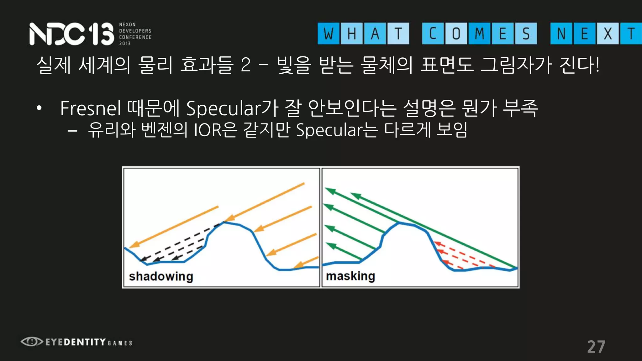 실제 세계의 물리 효과들 2 - 빛을 받는 물체의 표면도 그림자가 진다!
• Fresnel 때문에 Specular가 잘 안보인다는 설명은 뭔가 부족
– 유리와 벤젠의 IOR은 같지만 Specular는 다르게 보임
27
 