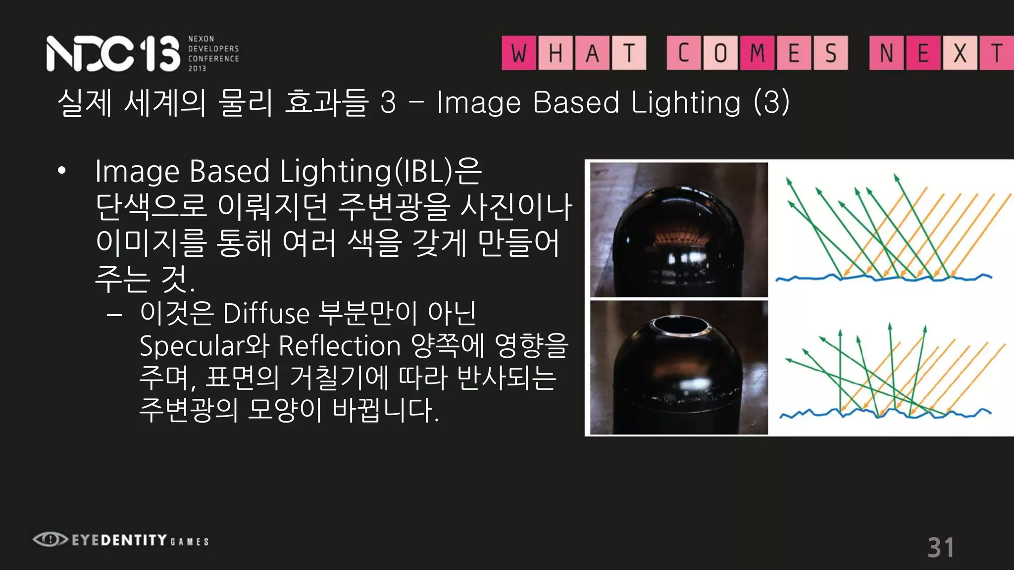실제 세계의 물리 효과들 3 - Image Based Lighting (3)
• Image Based Lighting(IBL)은
단색으로 이뤄지던 주변광을 사진이나
이미지를 통해 여러 색을 갖게 만들어
주는 것.
– 이것은 Diffuse 부분만이 아닌
Specular와 Reflection 양쪽에 영향을
주며, 표면의 거칠기에 따라 반사되는
주변광의 모양이 바뀝니다.
31
 