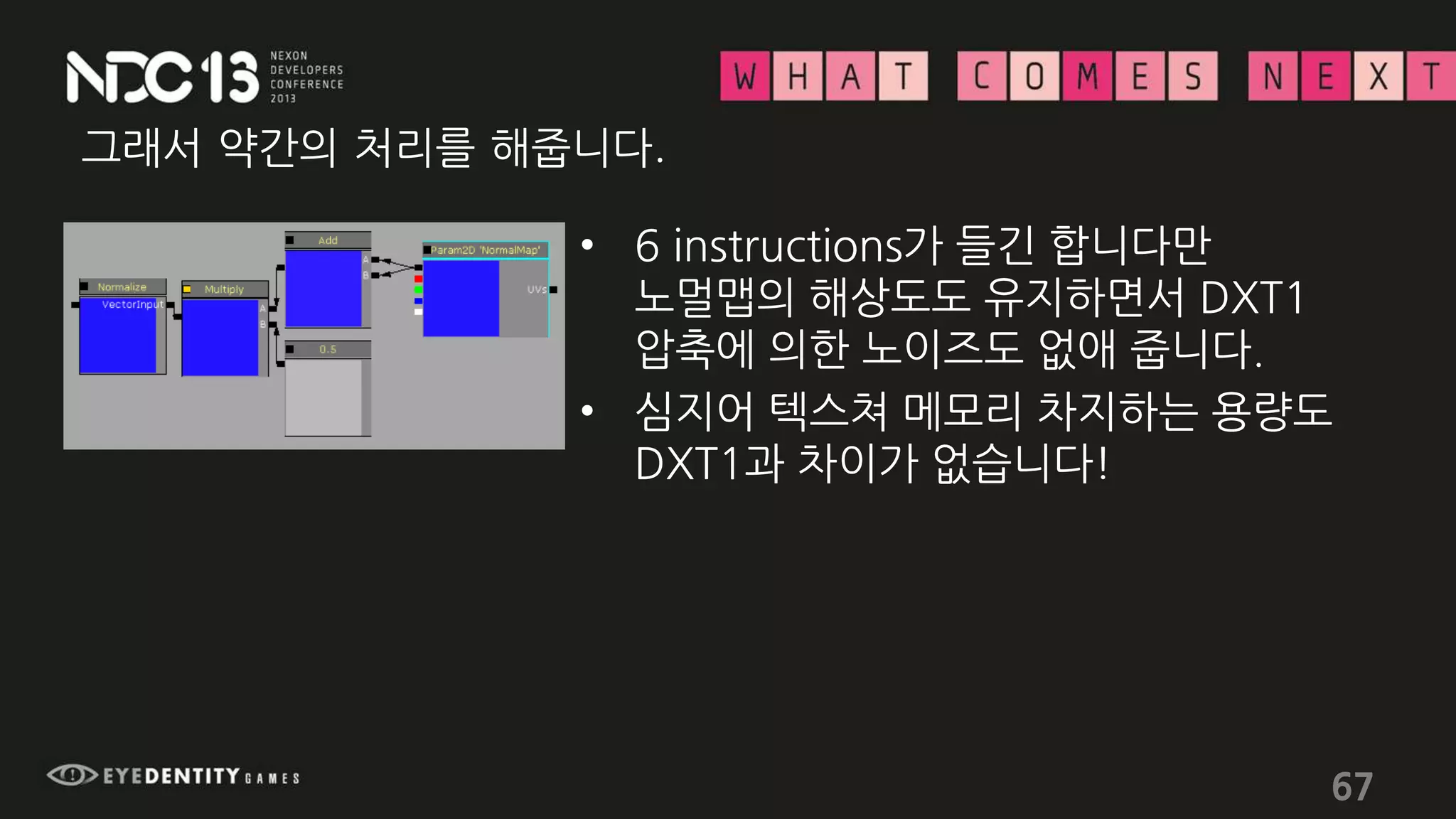 그래서 약간의 처리를 해줍니다.
67
• 6 instructions가 들긴 합니다만
노멀맵의 해상도도 유지하면서 DXT1
압축에 의한 노이즈도 없애 줍니다.
• 심지어 텍스쳐 메모리 차지하는 용량도
DXT1과 차이가 없습니다!
 