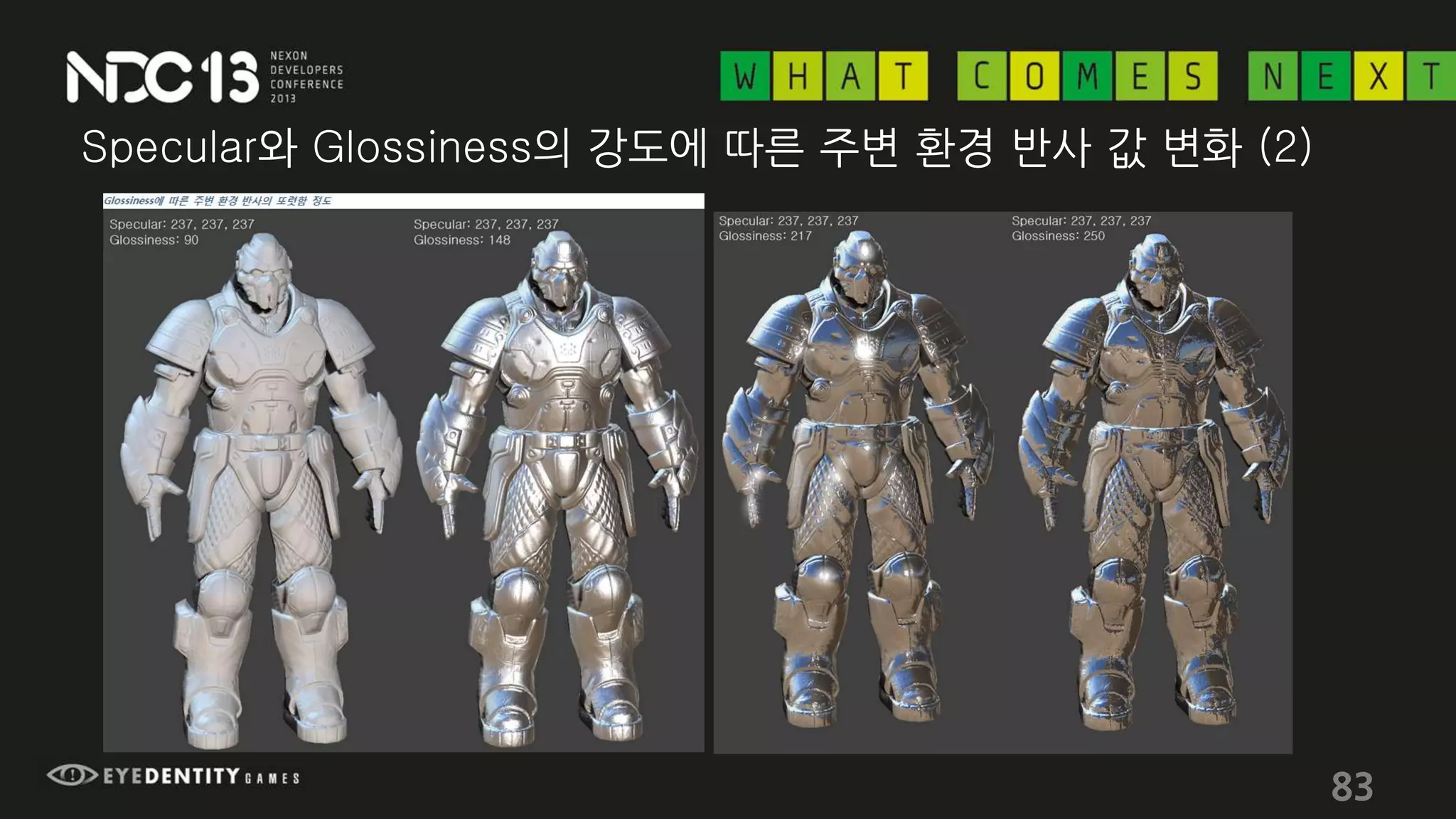 Specular와 Glossiness의 강도에 따른 주변 환경 반사 값 변화 (2)
83
 