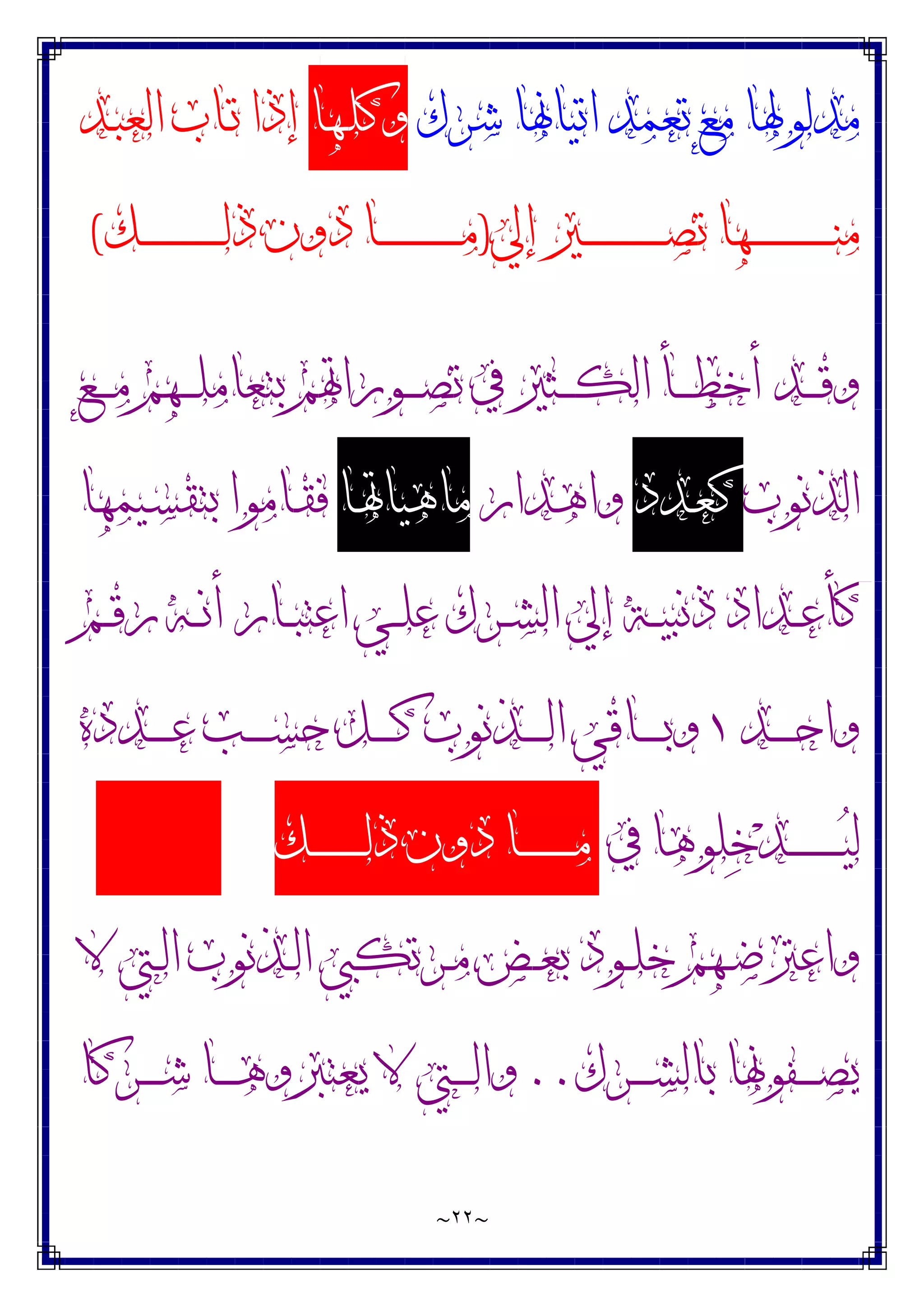 ~
٢٢
~
‫ﺷﺮﻙ‬ ‫ﺍﺗﻴﺎﳖﺎ‬ ‫ﺗﻌﻤﺪ‬ ‫ﻣﻊ‬ ‫ﻣﺪﻟﻮﳍﺎ‬
‫ـﻬﺎ‬‫ﻠ‬‫ﻭﻛ‬
‫ـﺪ‬‫ﺒ‬‫ﺍﻟﻌ‬ ‫ـﺎﺏ‬‫ﺗ‬ ‫ﺇﺫﺍ‬
‫ﺇﱄ‬ ‫ـﲑ‬‫ـ‬‫ـ‬‫ـ‬‫ـ‬‫ـ‬‫ـ‬‫ـ‬‫ـ‬‫ـ‬‫ـ‬‫ـ‬‫ـ‬‫ـ‬‫ـ‬‫ـ‬‫ـ‬‫ـ‬‫ﺼ‬‫ﺗ‬ ‫ـﻬﺎ‬‫ـ‬‫ـ‬‫ـ‬‫ـ‬‫ـ‬‫ـ‬‫ـ‬‫ـ‬‫ـ‬‫ـ‬‫ـ‬‫ـ‬‫ـ‬‫ـ‬‫ـ‬‫ـ‬‫ـ‬‫ﻨ‬‫ﻣ‬
)
‫ـﻚ‬‫ـ‬‫ـ‬‫ـ‬‫ـ‬‫ـ‬‫ـ‬‫ـ‬‫ـ‬‫ـ‬‫ـ‬‫ـ‬‫ـ‬‫ـ‬‫ـ‬‫ـ‬‫ـ‬‫ـ‬‫ﻟ‬‫ﺫ‬ ‫ﺩﻭﻥ‬ ‫ـﺎ‬‫ـ‬‫ـ‬‫ـ‬‫ـ‬‫ـ‬‫ـ‬‫ـ‬‫ـ‬‫ـ‬‫ـ‬‫ـ‬‫ـ‬‫ـ‬‫ـ‬‫ـ‬‫ـ‬‫ـ‬‫ﻣ‬
(
‫ـﻊ‬‫ـ‬‫ـ‬‫ـ‬‫ﻣ‬ ‫ـﻬﻢ‬‫ـ‬‫ـ‬‫ـ‬‫ﻠ‬‫ﺑﺘﻌﺎﻣ‬ ‫ـﻮﺭﺍﲥﻢ‬‫ـ‬‫ـ‬‫ـ‬‫ﺼ‬‫ﺗ‬ ‫ﰲ‬ ‫ـﺜﲑ‬‫ـ‬‫ـ‬‫ـ‬‫ﻜ‬‫ﺍﻟ‬ ‫ـﺄ‬‫ـ‬‫ـ‬‫ـ‬‫ﻄ‬‫ﺃﺧ‬ ‫ـﺪ‬‫ـ‬‫ـ‬‫ـ‬‫ﻗ‬‫ﻭ‬
‫ﺍﻟﺬﻧﻮﺏ‬
‫ـﺪﺩ‬‫ﻌ‬‫ﻛ‬
‫ـﺪﺍﺭ‬‫ﻫ‬‫ﻭﺍ‬
‫ـﺎ‬‫ﲥ‬‫ﻣﺎﻫﻴﺎ‬
‫ـﻴﻤﻬﺎ‬‫ﺴ‬‫ﺑﺘﻘ‬ ‫ـﺎﻣﻮﺍ‬‫ﻘ‬‫ﻓ‬
‫ـﻢ‬‫ـ‬‫ـ‬‫ﻗ‬‫ﺭ‬ ‫ـﻪ‬‫ـ‬‫ـ‬‫ﻧ‬‫ﺃ‬ ‫ـﺎﺭ‬‫ـ‬‫ـ‬‫ﺒ‬‫ﺍﻋﺘ‬ ‫ـﻲ‬‫ـ‬‫ﻠ‬‫ﻋ‬ ‫ـﺮﻙ‬‫ـ‬‫ـ‬‫ﺸ‬‫ﺍﻟ‬ ‫ﺇﱄ‬ ‫ـﺔ‬‫ـ‬‫ـ‬‫ﻴ‬‫ﺫﻧﺒ‬ ‫ـﺪﺍﺩ‬‫ـ‬‫ﻋ‬‫ﻛﺄ‬
‫ـﺪ‬‫ـ‬‫ـ‬‫ـ‬‫ـ‬‫ـ‬‫ﺣ‬‫ﻭﺍ‬
١
‫ـﺪﺩﻩ‬‫ـ‬‫ـ‬‫ـ‬‫ـ‬‫ـ‬‫ﻋ‬ ‫ـﺐ‬‫ـ‬‫ـ‬‫ـ‬‫ـ‬‫ـ‬‫ﺴ‬‫ﺣ‬ ‫ـﻞ‬‫ـ‬‫ـ‬‫ـ‬‫ـ‬‫ـ‬‫ﻛ‬ ‫ـﺬﻧﻮﺏ‬‫ـ‬‫ـ‬‫ـ‬‫ـ‬‫ـ‬‫ﻟ‬‫ﺍ‬ ‫ـﺎﻗﻲ‬‫ـ‬‫ـ‬‫ـ‬‫ـ‬‫ـ‬‫ﺑ‬‫ﻭ‬
‫ﰲ‬ ‫ﻠﻮﻫﺎ‬‫ﺧ‬‫ﺪ‬‫ـ‬‫ـ‬‫ـ‬‫ـ‬‫ـ‬‫ـ‬‫ـ‬‫ـ‬‫ـ‬‫ـ‬‫ـ‬‫ـ‬‫ﻴ‬‫ﻟ‬
‫ـﻚ‬‫ـ‬‫ـ‬‫ـ‬‫ـ‬‫ـ‬‫ـ‬‫ـ‬‫ـ‬‫ـ‬‫ـ‬‫ـ‬‫ﻟ‬‫ﺫ‬ ‫ﺩﻭﻥ‬ ‫ـﺎ‬‫ـ‬‫ـ‬‫ـ‬‫ـ‬‫ـ‬‫ـ‬‫ـ‬‫ـ‬‫ـ‬‫ـ‬‫ـ‬‫ﻣ‬
‫ﻻ‬ ‫ـﱵ‬‫ـ‬‫ﻟ‬‫ﺍ‬ ‫ـﺬﻧﻮﺏ‬‫ـ‬‫ﻟ‬‫ﺍ‬ ‫ـﺮﺗﻜﱯ‬‫ـ‬‫ﻣ‬ ‫ـﺾ‬‫ـ‬‫ﻌ‬‫ﺑ‬ ‫ـﻮﺩ‬‫ـ‬‫ﻠ‬‫ﺧ‬ ‫ـﻬﻢ‬‫ـ‬‫ﺿ‬‫ﻭﺍﻋﱰ‬
‫ـﺮﻙ‬‫ـ‬‫ـ‬‫ـ‬‫ـ‬‫ﺸ‬‫ﺑﺎﻟ‬ ‫ـﻔﻮﳖﺎ‬‫ـ‬‫ـ‬‫ـ‬‫ـ‬‫ﺼ‬‫ﻳ‬
..
‫ـﺮﻛﺎ‬‫ـ‬‫ـ‬‫ـ‬‫ـ‬‫ﺷ‬ ‫ـﺎ‬‫ـ‬‫ـ‬‫ـ‬‫ـ‬‫ﻫ‬‫ﻳﻌﺘﱪﻭ‬ ‫ﻻ‬ ‫ـﱵ‬‫ـ‬‫ـ‬‫ـ‬‫ـ‬‫ﻟ‬‫ﻭﺍ‬
 