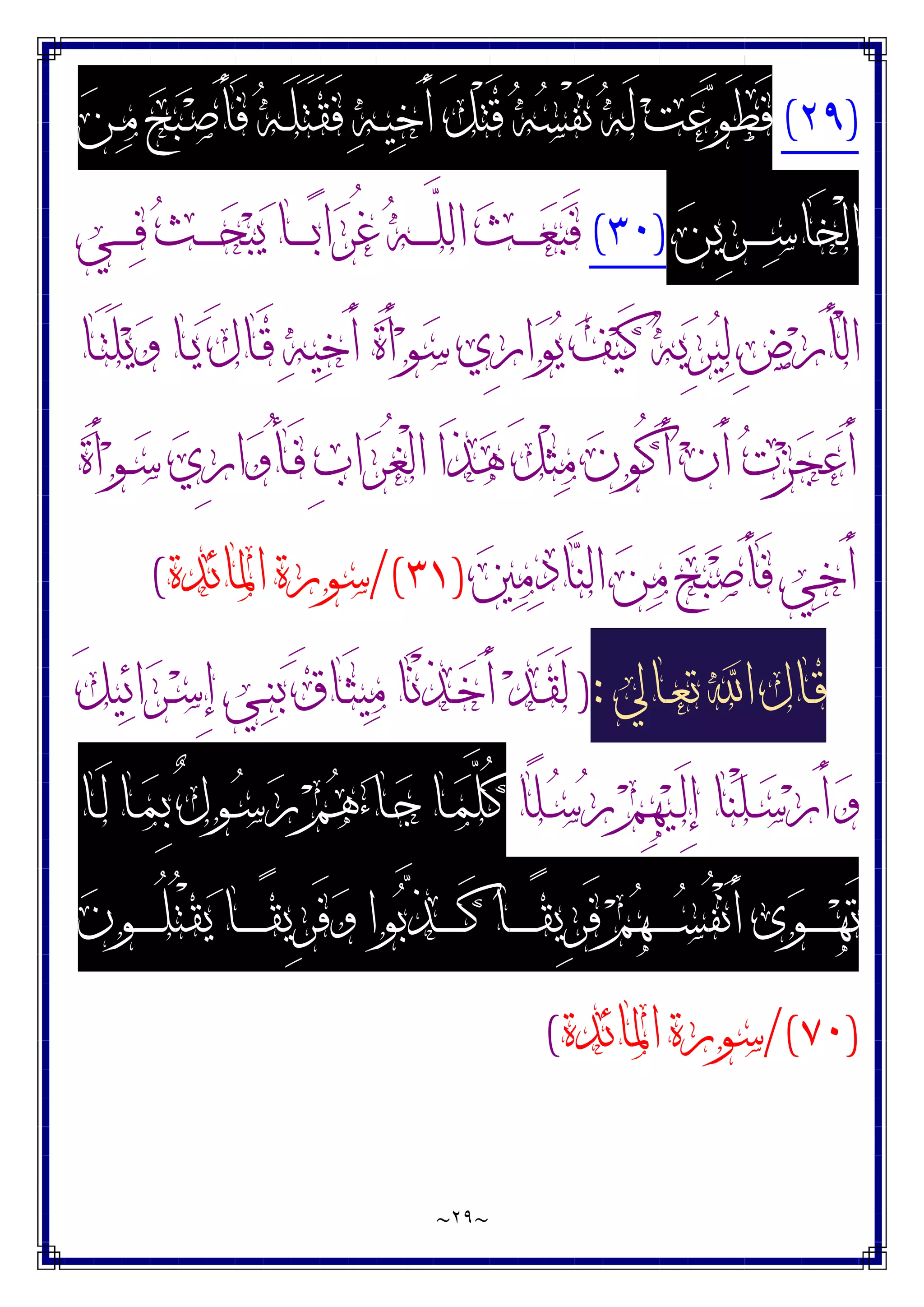 ~
٢٩
~
)
٢٩
(
‫ﻦ‬‫ـ‬‫ﻣ‬ ‫ﺢ‬‫ﺒ‬‫ـ‬‫ﺻ‬َ‫ﺄ‬َ‫ﻓ‬ ‫ﻪ‬‫ـ‬َ‫ﻠ‬َ‫ﺘ‬َ‫ﻘ‬َ‫ﻓ‬ ‫ﻪ‬‫ـ‬‫ﻴ‬‫ﺧ‬َ‫ﺃ‬ َ‫ﻞ‬ْ‫ﺘ‬َ‫ﻗ‬ ‫ﻪ‬‫ﺴ‬ْ‫ﻔ‬َ‫ﻧ‬ ‫ﻪ‬َ‫ﻟ‬ ‫ﺖ‬‫ﻋ‬‫ﻮ‬َ‫ﻄ‬َ‫ﻓ‬
‫ﻦ‬‫ِﻳ‬‫ﺮ‬‫ـ‬‫ـ‬‫ـ‬‫ـ‬‫ـ‬‫ﺳ‬‫َﺎ‬‫ﺨ‬ْ‫ﻟ‬‫ﺍ‬
)
٣٠
(
‫ﺚ‬‫ـ‬‫ـ‬‫ـ‬‫ـ‬‫ـ‬‫ﺤ‬‫ﺒ‬‫ﻳ‬ ‫ـﺎ‬‫ـ‬‫ـ‬‫ـ‬‫ـ‬‫ﺑ‬‫ﺍ‬‫ﺮ‬ُ‫ﻏ‬ ‫ﻪ‬‫ـ‬‫ـ‬‫ـ‬‫ـ‬‫ـ‬‫ﱠ‬
‫ﻠ‬‫ﺍﻟ‬ ‫ﺚ‬‫ـ‬‫ـ‬‫ـ‬‫ـ‬‫ـ‬‫ﻌ‬‫ﺒ‬َ‫ﻓ‬
‫ـﻲ‬‫ـ‬‫ـ‬‫ـ‬‫ـ‬‫ﻓ‬
‫ـﺎ‬َ‫ﺘ‬َ‫ﻠ‬‫ﻳ‬‫ﻭ‬ ‫ـﺎ‬‫ﻳ‬ َ‫ﻝ‬‫ـﺎ‬َ‫ﻗ‬ ‫ﻪ‬‫ﻴ‬‫ﺧ‬َ‫ﺃ‬ ‫ﺓ‬َ‫ﺃ‬‫ﻮ‬‫ﺳ‬ ‫ِﻱ‬‫ﺭ‬‫ﺍ‬‫ﻮ‬‫ﻳ‬ ‫ﻒ‬‫ﻴ‬َ‫ﻛ‬ ‫ﻪ‬‫ﻳ‬ِ‫ﺮ‬‫ﻴ‬‫ﻟ‬ ِ‫ﺽ‬‫ﺭ‬َ‫ﺄ‬ْ‫ﻟ‬‫ﺍ‬
‫ﺓ‬َ‫ﺃ‬‫ﻮ‬‫ـ‬‫ﺳ‬ ‫ﻱ‬ِ‫ﺭ‬‫ﺍ‬‫ﻭ‬ُ‫ﺄ‬‫ـ‬َ‫ﻓ‬ ِ‫ﺏ‬‫ﺍ‬‫ﺮ‬ُ‫ﻐ‬ْ‫ﻟ‬‫ﺍ‬ ‫َﺍ‬‫ﺬ‬‫ﻫ‬ َ‫ﻞ‬ْ‫ﺜ‬‫ﻣ‬ ‫ﻥ‬‫ُﻮ‬‫ﻛ‬َ‫ﺃ‬ ‫ﻥ‬َ‫ﺃ‬ ‫ﺕ‬‫ﺰ‬‫ﺠ‬‫ﻋ‬َ‫ﺃ‬
‫ﲔ‬‫ﻣ‬‫ﺩ‬‫ﺎ‬‫ﻨ‬‫ﺍﻟ‬ ‫ﻦ‬‫ﻣ‬ ‫ﺢ‬‫ﺒ‬‫ﺻ‬َ‫ﺄ‬َ‫ﻓ‬ ‫ﻲ‬‫ﺧ‬َ‫ﺃ‬
)
٣١
/(
‫ﺍﳌﺎﺋﺪﺓ‬ ‫ﺳﻮﺭﺓ‬
(
‫ـﺎﱄ‬‫ﻌ‬‫ﺗ‬ ‫ﺍ‬ ‫ـﺎﻝ‬‫ﻗ‬
:
)
َ‫ﻞ‬‫ﻴ‬‫ﺋ‬‫ﺍ‬‫ﺮ‬‫ـ‬‫ﺳ‬ِ‫ﺇ‬ ‫ـﻲ‬‫ﻨ‬‫ﺑ‬ َ‫ﻕ‬‫ـﺎ‬َ‫ﺜ‬‫ﻴ‬‫ﻣ‬ ‫َﺎ‬‫ﻧ‬ْ‫ﺬ‬‫ـ‬‫ﺧ‬َ‫ﺃ‬ ‫ﺪ‬‫ـ‬َ‫ﻘ‬َ‫ﻟ‬
‫ًﺎ‬‫ﻠ‬‫ـ‬‫ـ‬‫ﺳ‬‫ﺭ‬ ‫ﻢ‬ِ‫ﻬ‬‫ﻴ‬‫ـ‬‫ـ‬َ‫ﻟ‬ِ‫ﺇ‬ ‫ﺎ‬‫ﻨ‬ْ‫ﻠ‬‫ـ‬‫ـ‬‫ﺳ‬‫ﺭ‬َ‫ﺃ‬‫ﻭ‬
‫ـﺎ‬‫ـ‬َ‫ﻟ‬ ‫ـﺎ‬‫ـ‬‫ﻤ‬ِ‫ﺑ‬ ٌ‫ﻝ‬‫ـﻮ‬‫ـ‬‫ﺳ‬‫ﺭ‬ ‫ﻢ‬‫ﻫ‬‫ﺀ‬‫ـﺎ‬‫ـ‬‫ﺟ‬ ‫ـﺎ‬‫ـ‬‫ﻤ‬‫ﱠ‬
‫ﻠ‬ُ‫ﻛ‬
‫ﻥ‬‫ـﻮ‬‫ـ‬‫ـ‬‫ـ‬‫ـ‬‫ـ‬ُ‫ﻠ‬ُ‫ﺘ‬ْ‫ﻘ‬‫ﻳ‬ ‫ـﺎ‬‫ـ‬‫ـ‬‫ـ‬‫ـ‬‫ـ‬ً‫ﻘ‬‫ِﻳ‬‫ﺮ‬َ‫ﻓ‬‫ﻭ‬ ‫ﻮﺍ‬‫ﺑ‬‫ﱠ‬
‫ﺬ‬‫ـ‬‫ـ‬‫ـ‬‫ـ‬‫ـ‬‫ـ‬َ‫ﻛ‬ ‫ـﺎ‬‫ـ‬‫ـ‬‫ـ‬‫ـ‬‫ـ‬ً‫ﻘ‬‫ِﻳ‬‫ﺮ‬َ‫ﻓ‬ ‫ﻢ‬‫ﻬ‬‫ـ‬‫ـ‬‫ـ‬‫ـ‬‫ـ‬‫ـ‬‫ﺴ‬ُ‫ﻔ‬ْ‫ﻧ‬َ‫ﺃ‬ ‫ﻯ‬‫ﻮ‬‫ـ‬‫ـ‬‫ـ‬‫ـ‬‫ـ‬‫ـ‬‫ﻬ‬َ‫ﺗ‬
)
٧٠
/(
‫ﺍﳌﺎﺋﺪﺓ‬ ‫ﺳﻮﺭﺓ‬
(
 