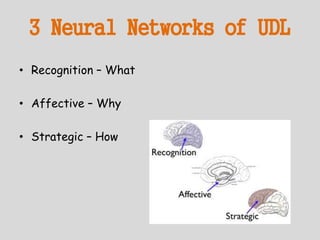3 Neural Networks of UDL
• Recognition – What
• Affective – Why
• Strategic – How
 