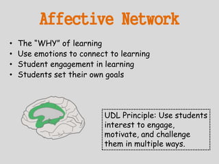 Affective Network
• The “WHY” of learning
• Use emotions to connect to learning
• Student engagement in learning
• Students set their own goals
UDL Principle: Use students
interest to engage,
motivate, and challenge
them in multiple ways.
 