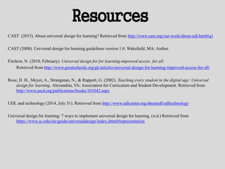 Resources
CAST (2015). About universal design for learning? Retrieved from http://www.cast.org/our-work/about-udl.html#q1
CAST (2008). Universal design for learning guidelines version 1.0. Wakefield, MA: Author.
Firchow, N. (2010, February). Universal design for for learning-improved access for all.
Retrieved from http://www.greatschools.org/gk/articles/universal-design-for-learning-improved-access-for-all/
Rose, D. H., Meyer, A., Strangman, N., & Rappolt, G. (2002). Teaching every student in the digital age: Universal
design for learning. Alexandria, VA: Association for Curriculum and Student Development. Retrieved from
http://www.ascd.org/publications/books/101042.aspx
UDL and technology (2014, July 31). Retrieved from http://www.udlcenter.org/aboutudl/udltechnology
Universal design for learning: 7 ways to implement universal design for learning. (n.d.) Retrieved from
https://www.sc.edu/cte/guide/universaldesign/index.shtml#representation
 
