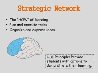 Strategic Network
• The “HOW” of learning
• Plan and execute tasks
• Organize and express ideas
UDL Principle: Provide
students with options to
demonstrate their learning.
 