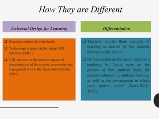 Universal Design for Learning
 Requires teachers to plan ahead.
 Technology is essential for using UDL
Edyburn, (2010).
 UDL focuses on the multiple means of
representation of the content, expression and
engagement within the classroom Edyburn,
(2010).
Differentiation
 Teachers adjusts their methods of
teaching as needed by the students
throughout the lesson.
 Differentiation on the other hand has a
tendency to “focus more on the
process of how students learn, the
demonstration of the students learning,
as well as the environment in which
each student learns” (Watts-Taffe,
2012).
How They are Different
 