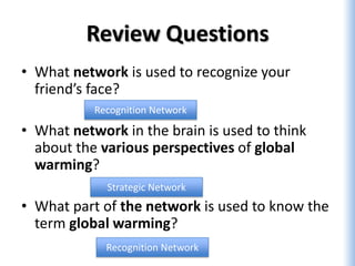 Review Questions
• What network is used to recognize your
  friend’s face?
           Recognition Network

• What network in the brain is used to think
  about the various perspectives of global
  warming?
             Strategic Network
• What part of the network is used to know the
  term global warming?
             Recognition Network
 