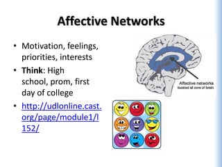 Affective Networks
• Motivation, feelings,
  priorities, interests
• Think: High
  school, prom, first
  day of college
• http://udlonline.cast.
  org/page/module1/l
  152/
 