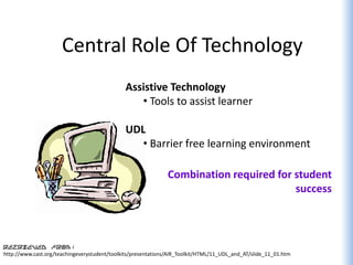 Central Role Of Technology
                                              Assistive Technology
                                                 • Tools to assist learner

                                              UDL
                                                 • Barrier free learning environment

                                                              Combination required for student
                                                                                       success



Retrieved from:
http://www.cast.org/teachingeverystudent/toolkits/presentations/AIR_Toolkit/HTML/11_UDL_and_AT/slide_11_01.htm
 